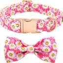 Tunkoo Pink Daisy Dog Collar with Cute Flower Bow Tie, Adjustable Premium Cotton Collar Durable Metal Buckle for Small Medium Large Boys Girls Dogs, S