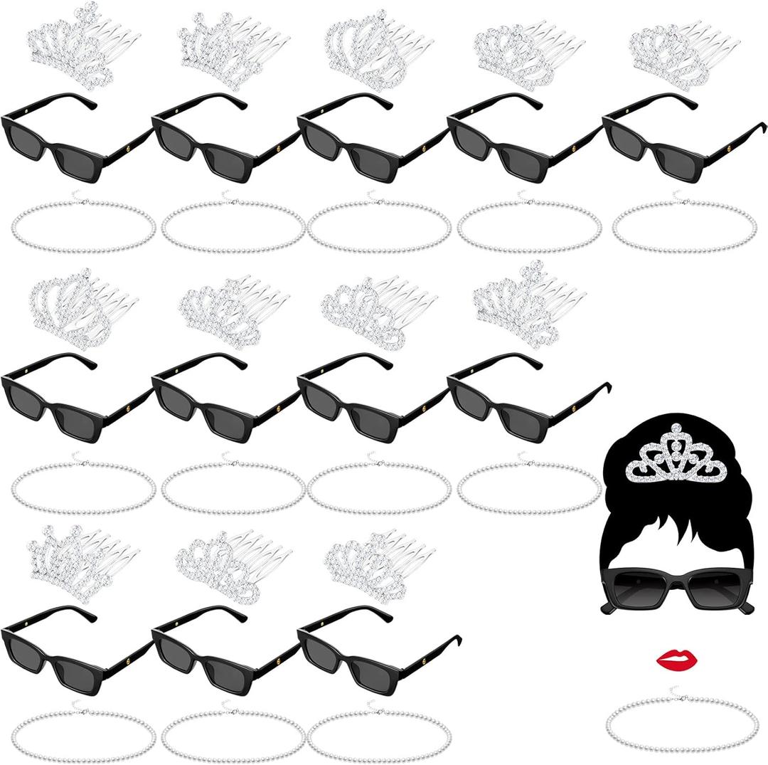 Jutom 36 Pcs 1920s Themed Party Set Vintage Sunglasses Crowns Princess Tiaras Necklaces Flapper Accessories for Breakfast Birthday Bachelorette Gatsby Party Cosplay Halloween Decoration