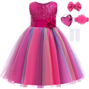 Little Girl's Sequin Sleeveless Mesh Rainbow Party Wedding Flower Dress with Accessories (8-9 Years)