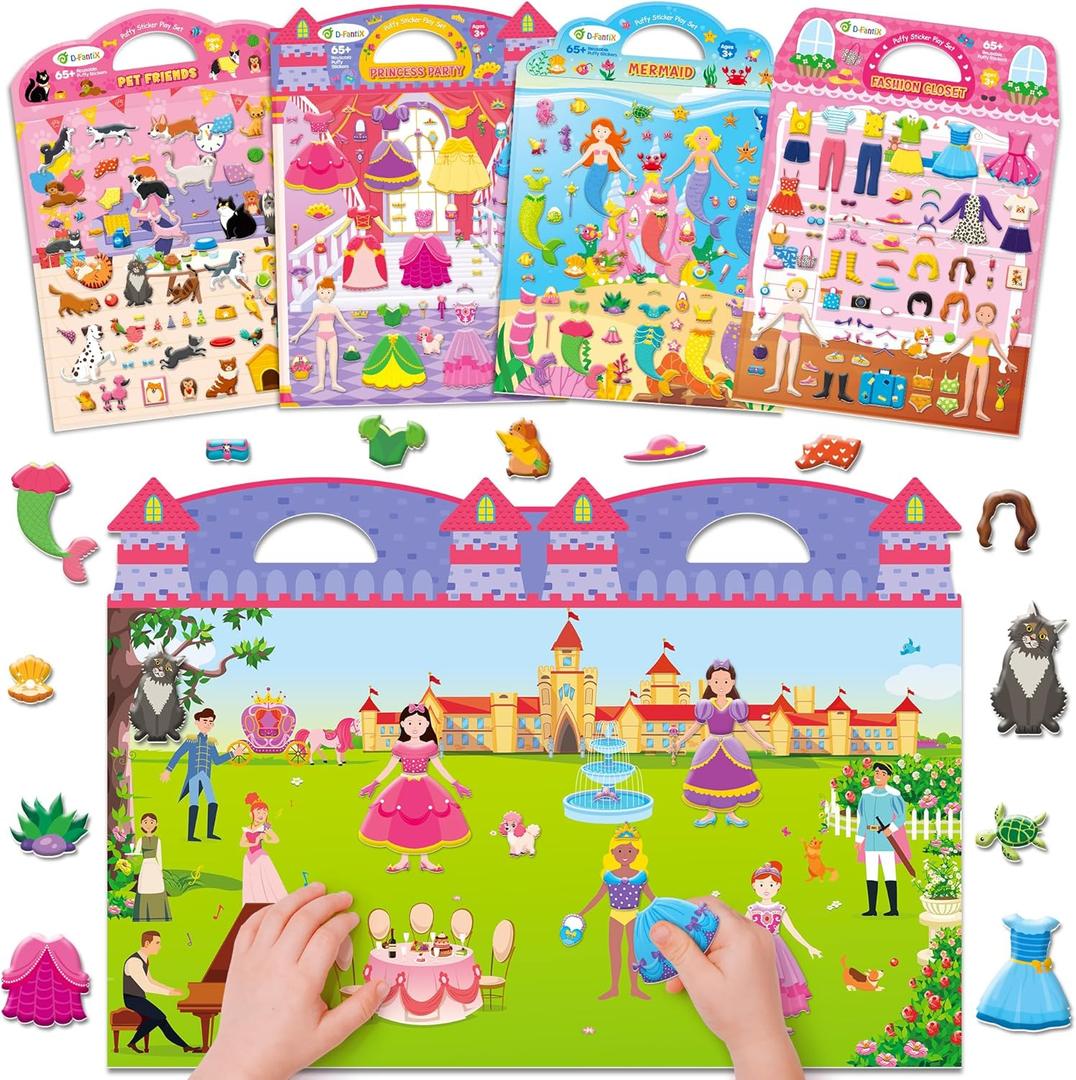 D-FantiX 3D Puffy Stickers for Toddlers 2-4 Years, Reusable Sticker Books for Girls Ages 4-8, Dress-Up, Princess, Mermaid, Pet, Car Road Trip Activities for Kids 3-5, Airplane Travel Essentials