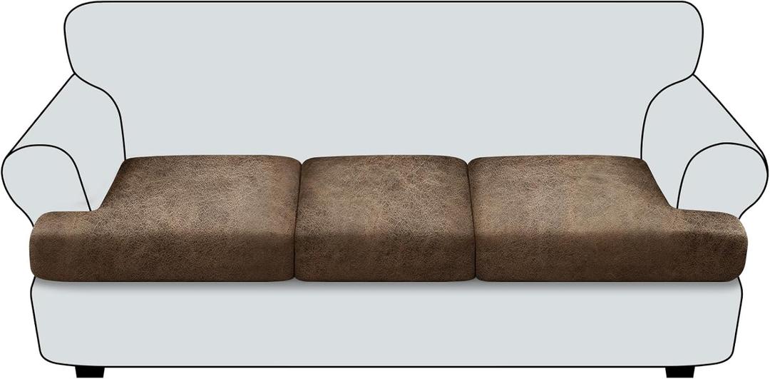 Imnopqr T Cushion Sofa Slipcovers Leather-Look 3PC Stretch Sofa Cushion Covers for 3 Cushion Couch Individually Couch Seat Covers with Elastic Bands, Pet-Friendly, Non-Slip, Easy Fit - Light Brown