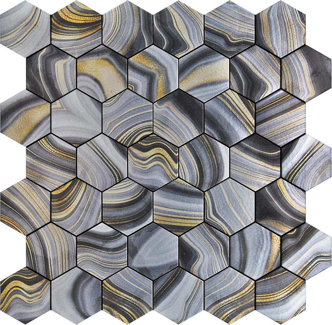 Kieacia 10 Sheet Peel and Stick Kitchen Backsplash Tiles, Ash Gold PVC Self-Adhesive Hexagonal Mosaic Tiles for Kitchen Bathroom Vanity Tabletop Fireplace