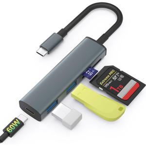 USB C SD Card Reader, Memory Card Reader with 60W PD Charger Adapter SD Card Adapter with SD/TF/USB 4 Ports for iPhone 15/16 iPad Pro MacBook Pro/Air iMac Android and More USB-C Devices