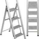 Step Ladder 4 Step Folding, Decorative - Beautiful Gray Wood & Silver Aluminum, Ultra Slim Profile, Anti Slip Steps, Sturdy-Portable for Home, Office, Kitchen, Photography Use,by SORFEY