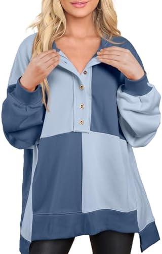 SHEWIN Womens Oversized Color Block Sweatshirts Casual Loose Button Henley Pullover Tops S