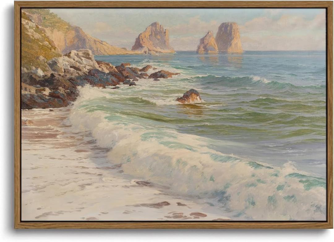 KISSFOX Vintage Framed Wall Art Decor Rustic Coastal Beach Pictures Wall Decor Ocean Aesthetic Canvas Art Prints Modern Farmhouse Paintings Artwork For Gallery Living Room Office Bedroom (16x24 in, Waves)