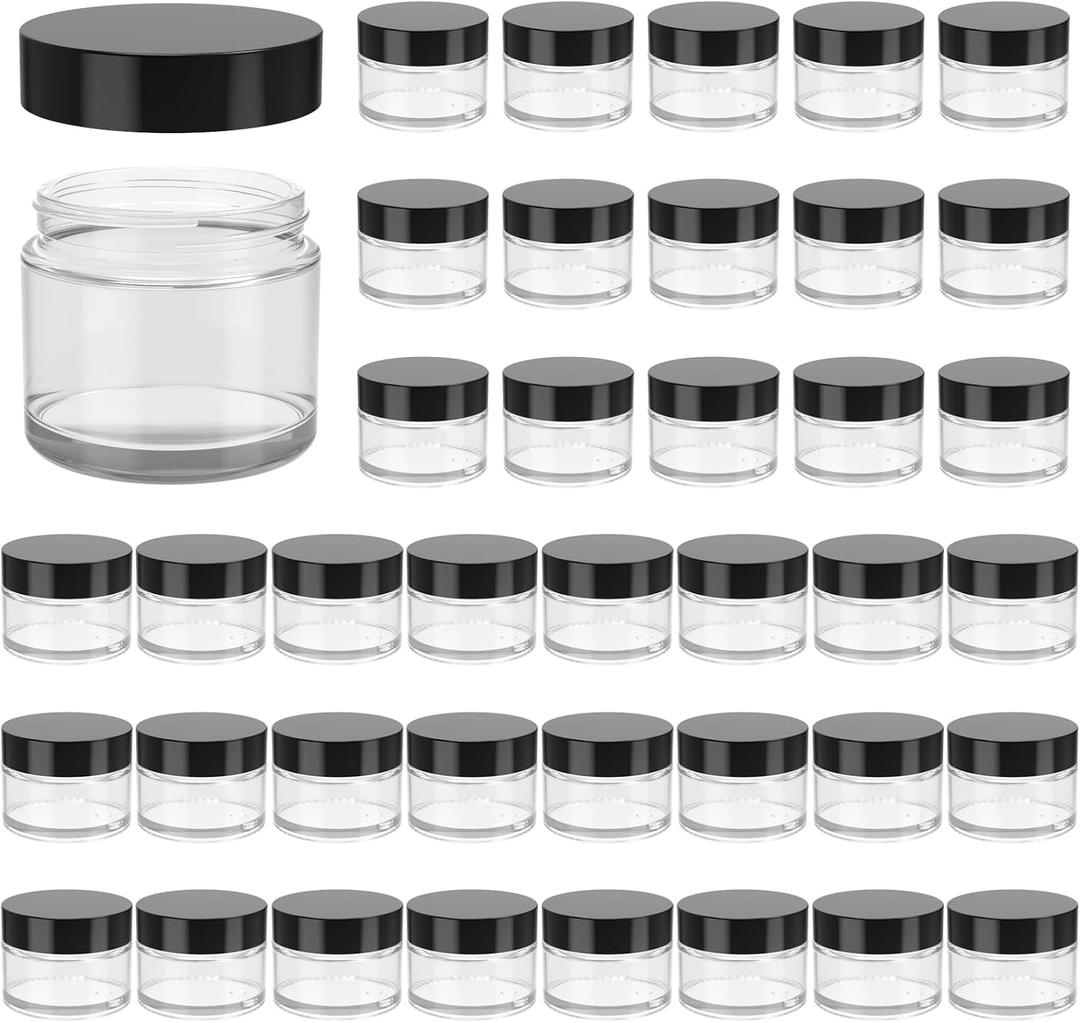 2oz Jars with Lids, HOA Kinh 40 Pack Clear Glass Jars with Lids Empty Cosmetic Containers Round Airtight Glass Jar with Black Lid for Storing Lotions Powders Ointments