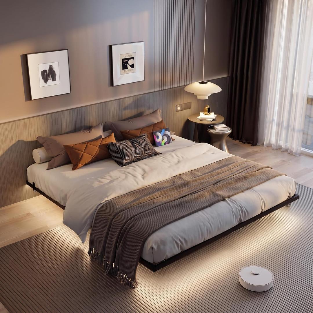 Floating Bed Frame Full Size,Full Bed Frame with LED Lights & Outlets