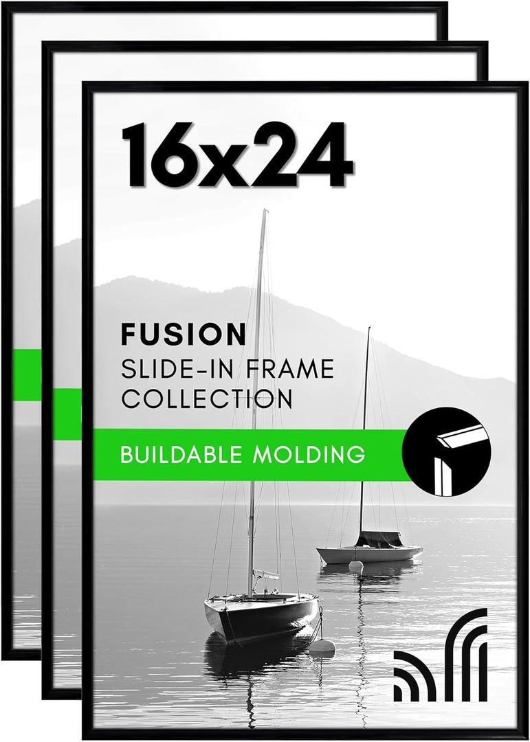 Americanflat 16x24 Poster Frame with Polished Front Cover - Set of 3 - Slide-In Photo Frame with Buildable Molding - Fusion Collection - Picture Frames for Wall Display - Black