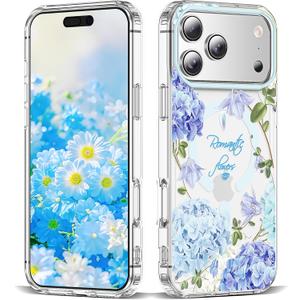 XIQI Compatible with iPhone 17 Pro Case 6.3" for Women Girls Cute Translucent Magnetic Phone Case with Floral Pattern [Never Fade Flower Design][Compatible with Mag-Safe],Hydrangea