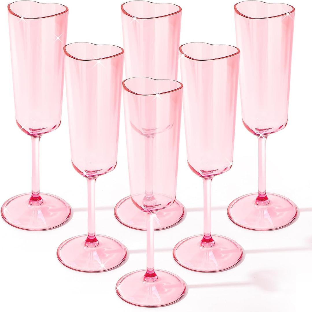 6 Pcs Valentines Day Heart Shaped Champagne Flutes 6 oz Pink Acrylic Champagne Glasses for Wedding Galentines Bachelorette Birthday Party Supply Heart Shaped Wine Cups Pink Cocktail Glasses