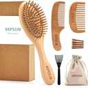KEPCSIN 3PCS Solid Wooden Hair Brush and Small Wood Comb, Detangling Brush with Natural Bristles, Portable Scalp Massage Kit for All Hair Types, Wood Haircare Gift for Women/Men