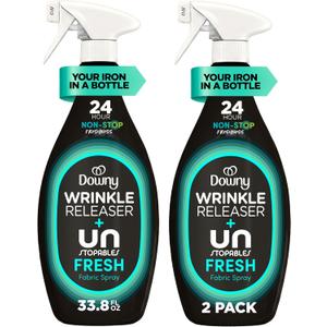 Downy Wrinkle Releaser Spray, All In One Wrinkle Release Spray, Odor Eliminator, Static Remover, Fabric Refresher & Ironing Aid for Clothes, 33.8 Fl Oz (Pack of 2), Unstopables Fresh Scent