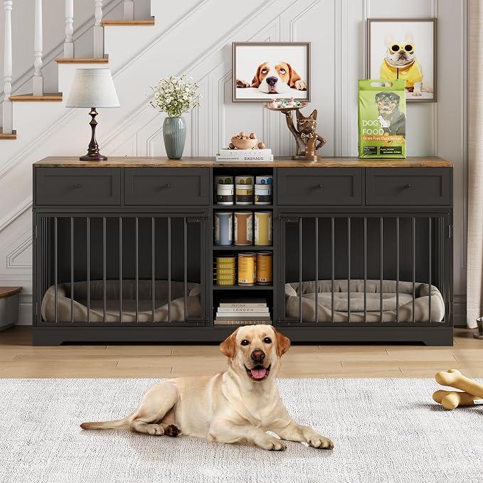 GarveeHome 82" Double Dog Crate Furniture with Drawers and Shelves, Black Heavy Duty Wooden Dog Crate TV Stand, Large Dog Kennel Indoor for 2 Medium/Large Dogs