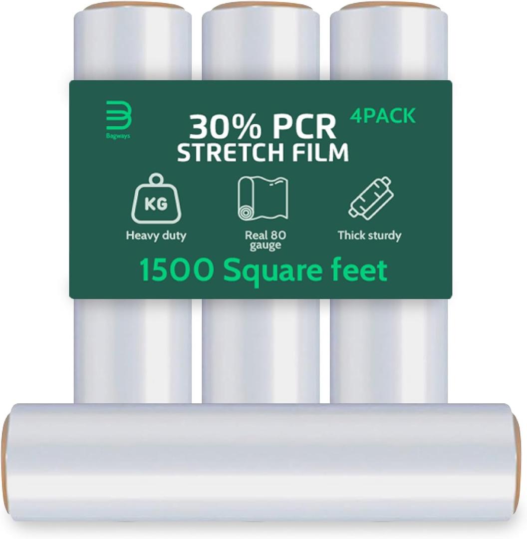 80 Gauge Heavy Duty Stretch Film  18 Wide, 1500 Sq Ft Roll  30%+ PCR Eco-Friendly Pallet Wrap  Sustainable, Tear-Resistant Plastic Film for Shipping, Storage & Moving  Clear