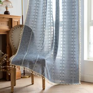 Boho Curtains 84 inch Long 2 Panels for Living Room Bedroom, Denim Blue Rustic Embroidered Striped Semi Sheer Linen Tassel Farmhouse Light Filtering Privacy Drapes Vintage Country Decor,W52xL84