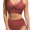ZAFUL Women High Waisted Bikini Sets Color Block Swimsuit Two Piece Knot Twist Cut Out Drawstring Bathing Suit (Small, Brick Red)