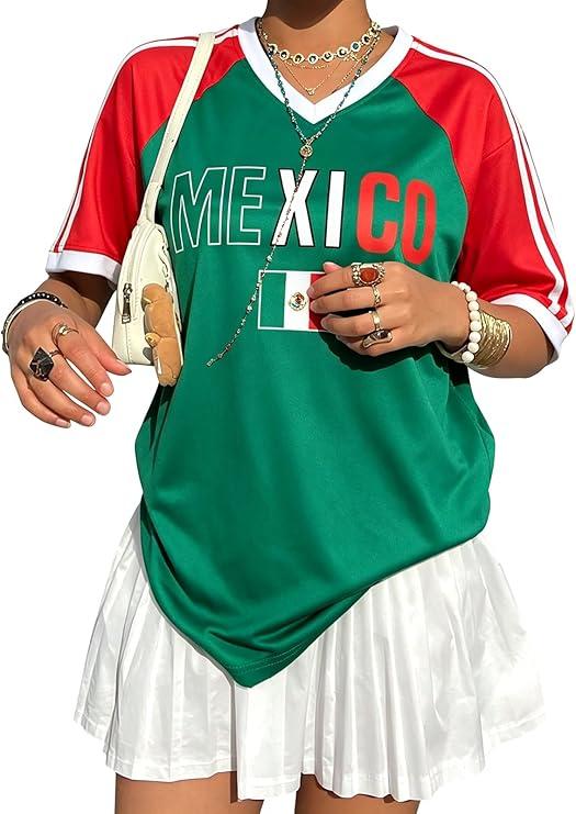 Soccer Cup 2026 Jersey Shirts for Women Mexico Jersey USA Jersey Pink Soccer Mom Tshirts Y2k V Neck Short Sleeve Top XL