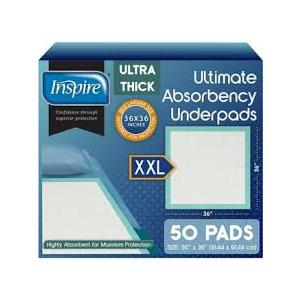 Inspire Super Absorbent Disposable Bed Pads for Chronic Incontinence Ultra Thick and Absorbent Bed Pads Disposable Adult | Pee Pads for Adults (36" X 36" Pack of 50) XX Large