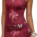 XXTAXN Women's Sexy Tube Strapless Floral Pattern Ruched Bodycon Date Night Mini Dress with Bow Tie (Winered Printing)