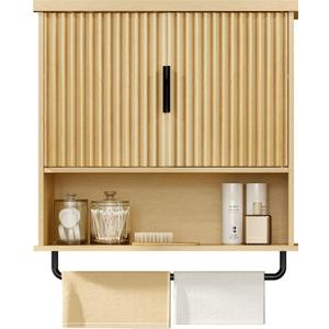 VASAGLE MAXE Collection - Bathroom Cabinet Wall Mounted, Over Toilet Hanging Cabinet with Adjustable Shelf, Towel Bar, Fluted Doors, 7.9 x 23.6 x 28.7 Inches, Transitional, Oak Beige UBBK135Y01S