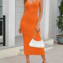 MEROKEETY Womens Summer Bodycon Knit Midi Dress 2026 Spring Beach Vacation V Neck Casual Sleeveless Ribbed Sweater Dresses (Orange, S)