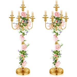 2 Pcs Gold Wedding Floor Candelabra 50 Inch Antique Led Candle Stand Metal 5 Arm Candelabra Centerpiece Decoration for 5 Candlesticks Bridal Shower Christmas Aisle Event Birthday Party Ceremony Home