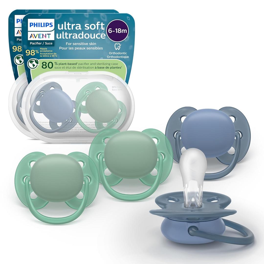 Philips Avent Ultra Soft Pacifiers - Orthodontic Design, for Babies 6-18 Months, Flexible Shield, Silicone Symmetrical Nipple, BPA-Free, 2 Sterilizing Cases, 4 Pack, SCF091/51 (blue)