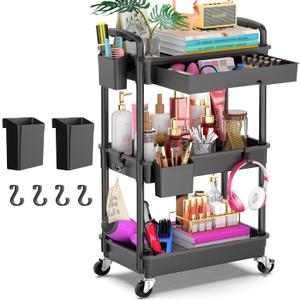 Goovilla 3 Tier Rolling Utility Cart Organizer with Removable Drawer, Stable and Sturdy Black Rolling Storage Carts with 2 Lockable Wheels for Bathroom, Kitchen, Snack, Craft, Makeup, Baby Essentials, Black