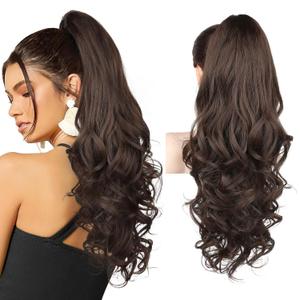 REECHO 24" Claw Clip in Ponytail Extensions Long Curly Wavy Ponytail Hair Extension Jaw Clip on Pony Tails Hairpiece for Women - Dark Chocolate Brown