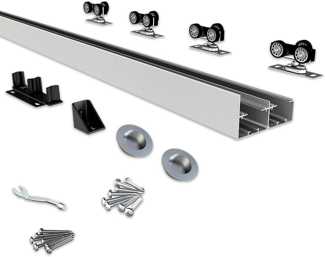 JUBEST Bypass Door Hardware 48", Aluminum Sliding Closet Door Hardware Set with Finger Pull Included, Smoothly and Quietly, for 2 Door System, Fit Door Thickness 1 3/8" or 1 3/4", Easy to Install