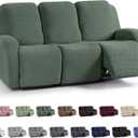 KinCam Recliner Covers, Stretch Reclining Chair Covers, Recliner Sofa Slipcovers Stripe Jacquard Recliner Couch Covers Furniture Protector Covers for Pet Kid (3 Seater, Greyish Green)