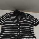 Verdusa Women's Old Money Striped Knit Tops Button Down Short Sleeve Sweaters Collared Tee Tops (Medium, Black and White)