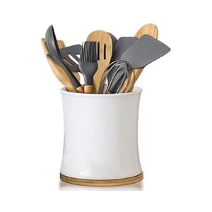 Comfify Large Ceramic Kitchen Utensil Holder with Bamboo Base - Modern Utensil Crock for Countertop Organization - Kitchen Counter Organizer for Cooking Tools, Spatulas, Spoons & More - White Ceramic