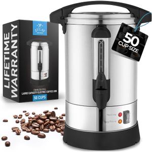 Zulay Kitchen 50 Cups Commercial Grade Coffee Maker Hot Water Urn - Percolator With Double-Wall Stainless Steel, Quick Brew, Stays Hot for Tea & Beverage at Events & Catering - Silver