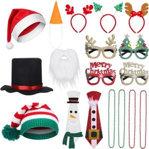 19 Pc Photo Booth Props - Christmas Party Set with Hats, Glasses, Headbands, Necklaces, Necktie, White Beard, Knit & Black Hats, Carrot Nose