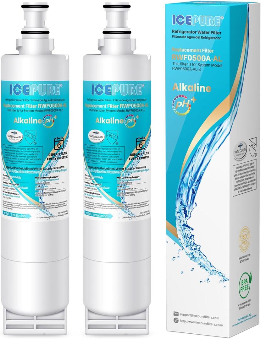 ICEPURE Alkaline 4396508 Refrigerator Water Filter Replacement for EDR5RXD1, EveryDrop Filter 5, Whirlpool 4396510, 4392857, 4396547, 9085, NL300, LC400V, PNL240V, WF-NLC240V WF285, Enhances PH, Pack Of 2