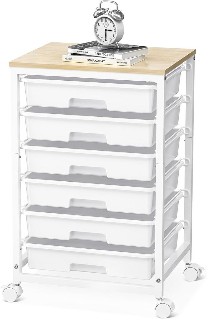 Rolling Cart with Drawers,Utility Cart with 6 Drawers,Rolling Storage Cart with Drawers and Wooden Tabletop & Lockable Wheel,White