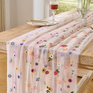 BINBE 3pcs Pink Daisy Spring Table Runner Embroidery Gauze 10FT Florals Seasonal Tulle Holiday Birthday Kitchen Dining Table Decor for Home Party