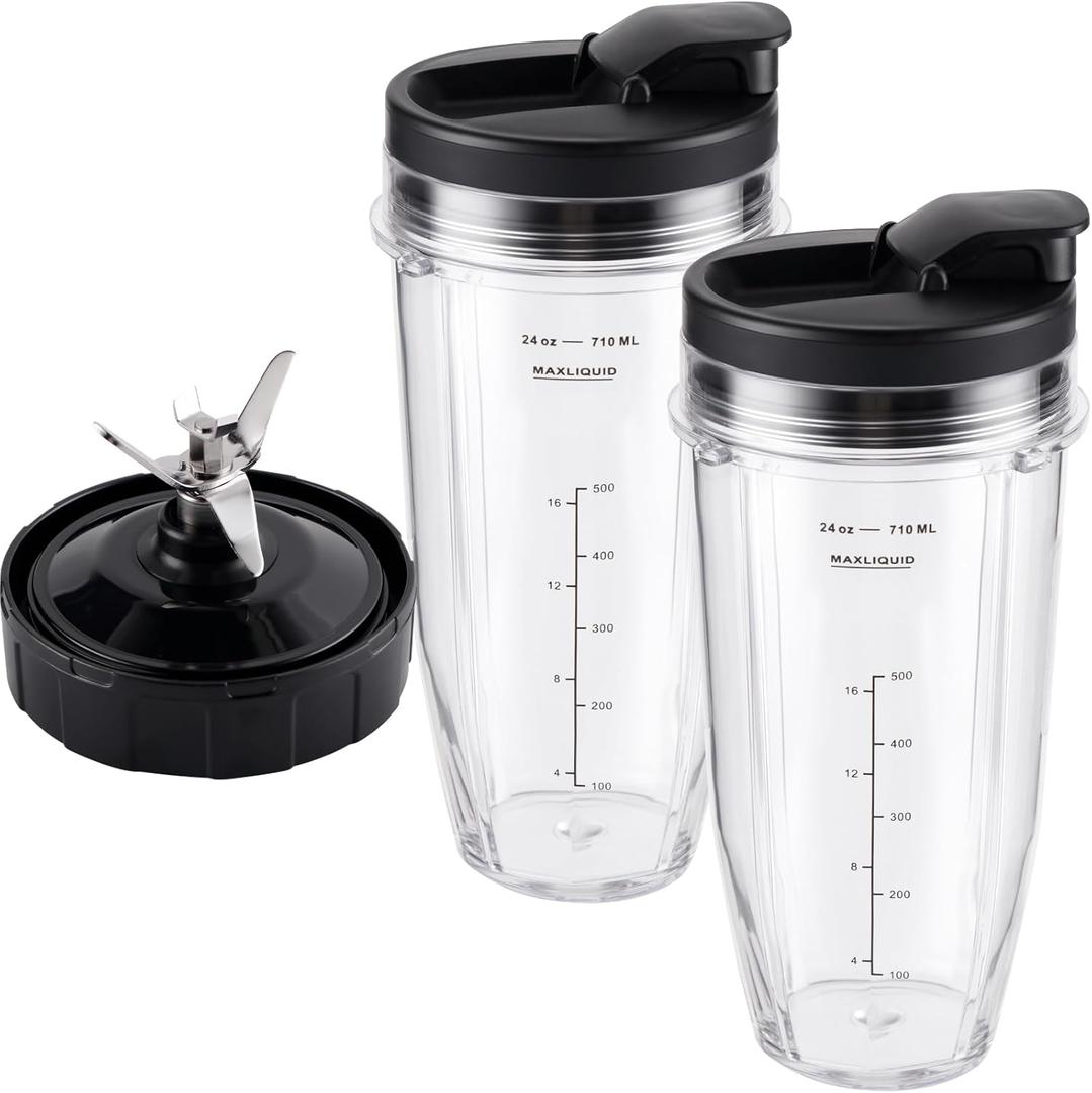 5-piece Blender Replacement Parts 24oz Ninja Blender Cups with To-Go Lids, 7 Fins Extractor Blade Compatible with Nutri Ninja Auto iQ Blenders BL2012 BN801 BL480 BL682 BL642