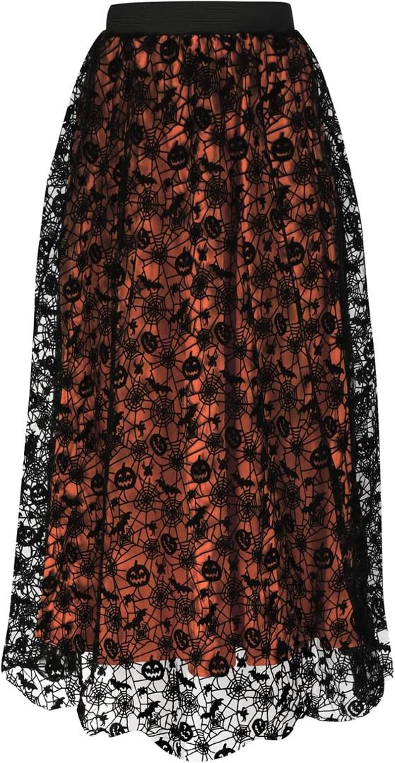 Witch Tulle Skirts for Women, Velvet Bats Double-Layered Mesh Elastic Waist Tutu Midi Skirt Halloween Costume (S)