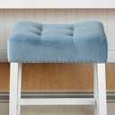 Roundhill Furniture Morovo Set of 2 Velvet Counter Height Stools with Tufted Saddle Seats, White-Wash Finish, Blue