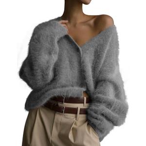 COZYPOIN Womens Fuzzy Mohair Cardigan Open Front Button Down V Neck Long Sleeve Sweater Slouchy Drop Shoulder Knit Coat (X-Large, Grey)