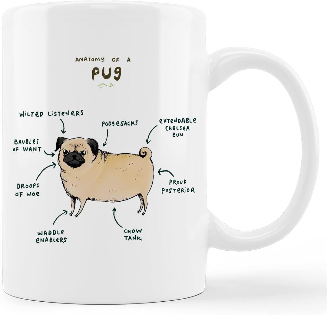 Kunlisa Funny Pug Anatomy Ceramic Mug - 11oz Coffee Milk Tea Cup, Gifts for Dog Lovers, Mom, Women, Men, Teen Girls, Pet Lovers, Coworkers