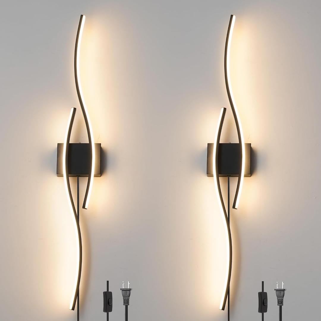 Daunton Modern Plug in Wall Sconces Set of Two, RC Dimmable LED Plug in Wall Light, Black Sconce Wall Lighting for Living Room, Hallway, Bedroom, 40.5in A plug in