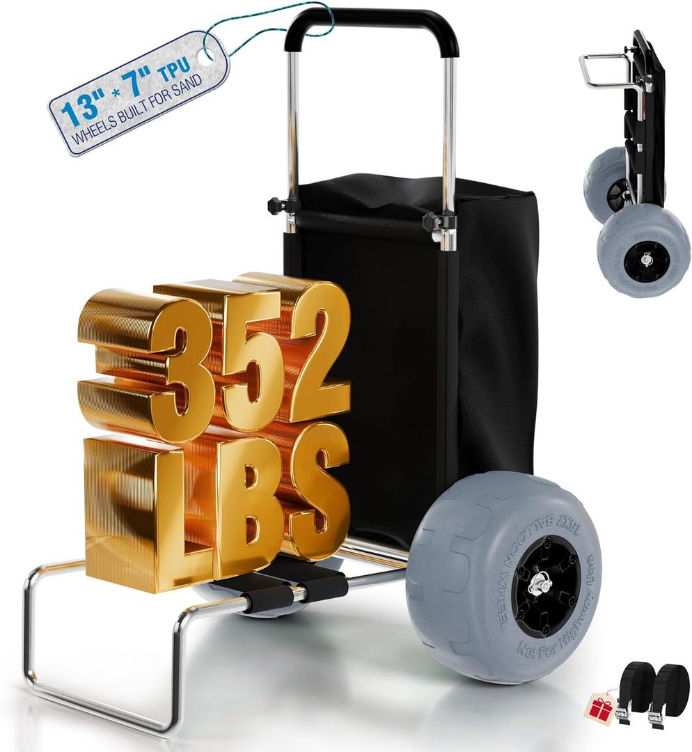 PYY Beach Cart for Sand with Big Balloon Wheels, 352LBS Loading Capacity, Aluminum Lightweight Folding Dolly Wagon Trolley Buggy with 13" TPU Tires, 15"*23" Large Cargo Deck, 33"-51.6" Rubber Handle