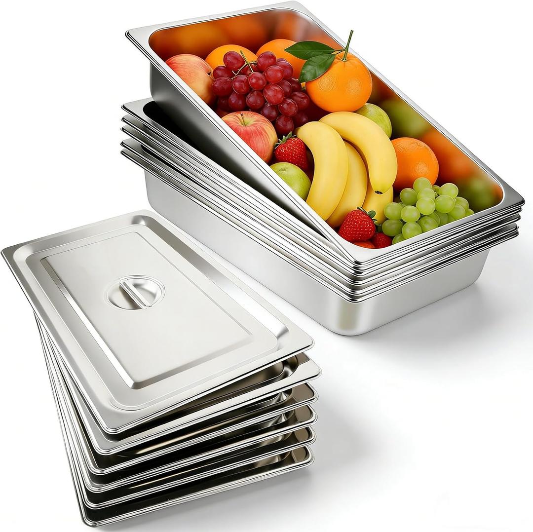 6 Pack Stainless Steel Hotel Pans,Full Size 4 Inch Deep 0.8mm Thick Anti Jam Commercial Food Pans with lid,for Steam Tables, Restaurants, Catering & Industrial Use