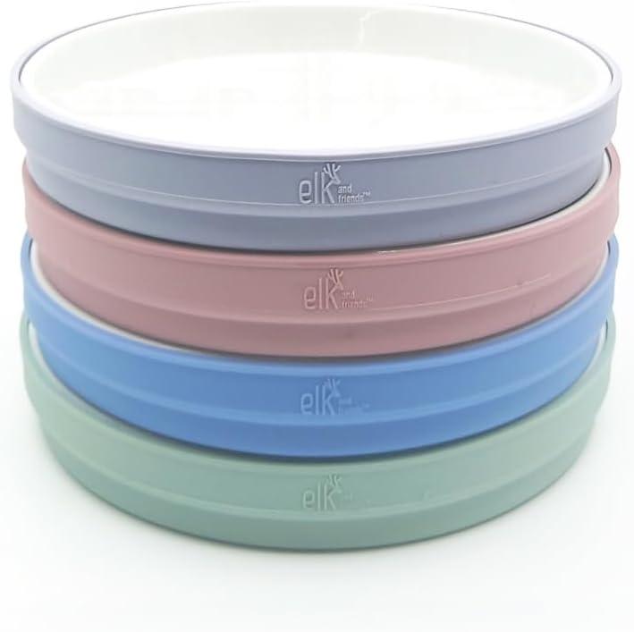 Elk and Friends Kids 7.8 Porcelain White Plates with Silicone Sleeves | Suitable for Babies/Toddlers | Microwave & Dishwasher Safe | Non Slip Dinnerware | Snack Dishes | 4 Pack (Blush/Lilac/Sage/MistyBlue)