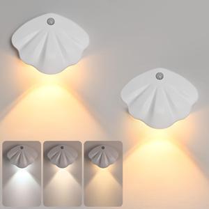 Dijjaqim Shell Motion Sensor Night Lights.Battery Operated Wall Sconces Set of Two.Wall Mounted Lamps with 3 Color Temperatures & Dimmable.Magnetic.LED Wall Light for Bedroom Hallway Stairway (White)