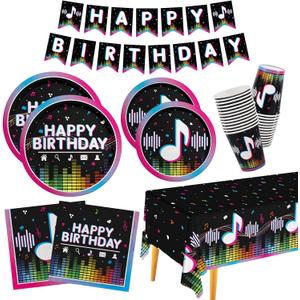 Music Party Supplies Disposable Paper Plates Napkins Cups Tablecloth and Banner for Girls Boys Music Party Birthday Decorations, Serve 25.